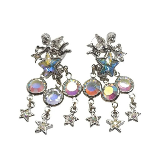 Kirks Folly Silver-Tone Angel Star Dangle Earrings With Crystal Accents 2" Long - Picture 1 of 4